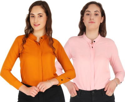 Hunoor Women Solid Casual Red, Pink Shirt(Pack of 2)