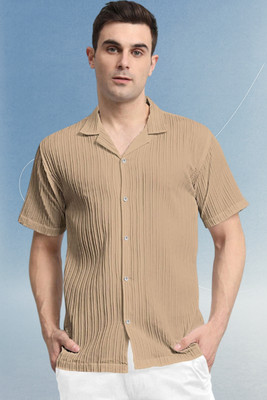A DEEMOON TREND Men Self Design Casual Cream Shirt
