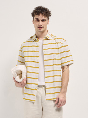 THE BEAR HOUSE Men Striped Casual Beige, Yellow Shirt