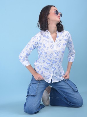 CRIMSOUNE CLUB Women Printed Casual Light Blue, White Shirt