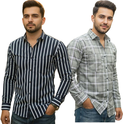 MSSTRU Men Striped, Checkered Casual Multicolor Shirt(Pack of 2)