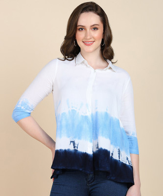 PinkTribe Women Dyed/Ombre Casual White, Blue Shirt