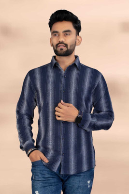 DUCCKCREATION Men Striped Formal Blue Shirt