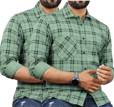 Click Everyday Men Checkered Casual Green Shirt(Pack of 2)