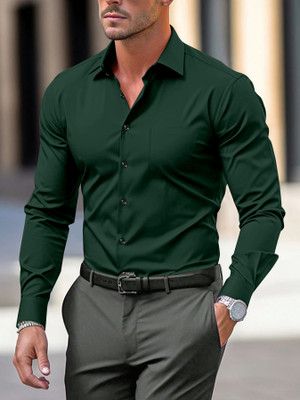 HouseOfCommon Men Solid Casual Dark Green Shirt