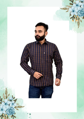 Arthz Fashion Trend Men Checkered Casual Dark Blue, Beige Shirt
