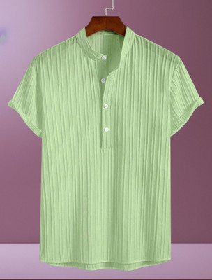 KVARA Men Self Design, Striped Casual Light Green Shirt