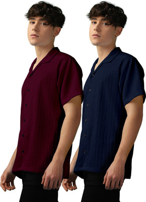 OXXOM Men Self Design, Striped Casual Maroon, Dark Blue Shirt(Pack of 2)