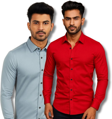 ClothTheory Men Solid Casual Grey, Red Shirt(Pack of 2)