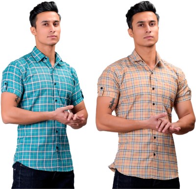 BASE 41 Men Checkered Casual Light Green, Cream Shirt(Pack of 2)