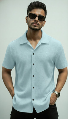 SEVENTEENSTITCH Men Solid, Self Design Casual Light Blue Shirt