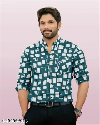 M D Fashion Men Floral Print Casual Green Shirt