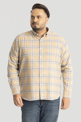 Snitch Men Checkered Casual Beige Shirt