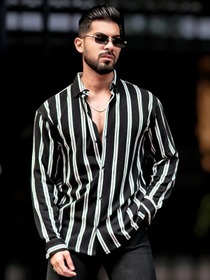 MANIAC Men Striped Casual Black Shirt