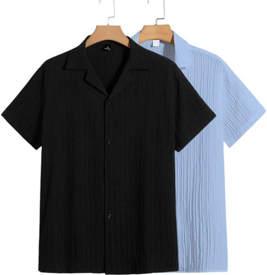 METRONAUT Men Self Design Casual Black, Light Blue Shirt(Pack of 2)