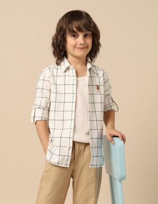 U.S. POLO ASSN. Boys Checkered Casual Beige Shirt
