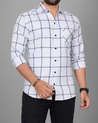 Clusy Men Checkered Formal White Shirt