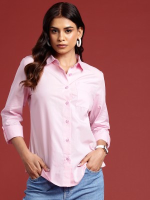 all about you Women Solid Formal Pink Shirt