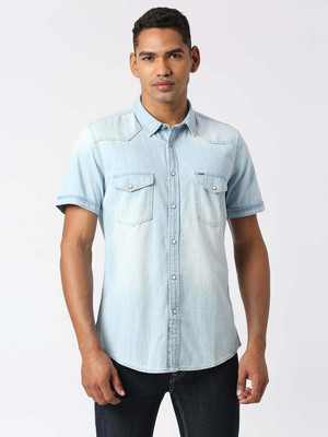 Pepe Jeans Men Solid Casual Blue Shirt