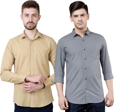 Modernity Men Self Design Casual Grey, Beige Shirt(Pack of 2)