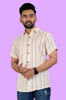 DUCCKCREATION Men Striped Formal Orange Shirt