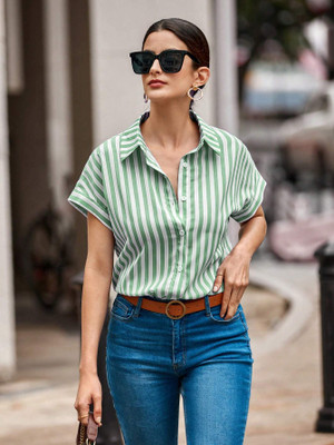 CLASSYFASHION Women Striped Casual Green, White Shirt