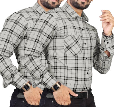 Click Everyday Men Checkered Casual Grey Shirt(Pack of 2)