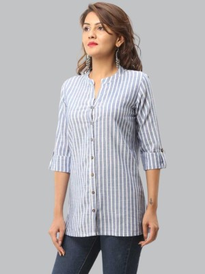 QuaClo Women Striped Casual Dark Blue Shirt