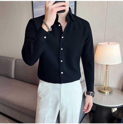 HEJAMAA CREATION Men Self Design Casual Black Shirt