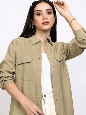 Tokyo Talkies Women Solid Casual Beige Shirt