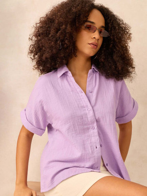 OUTZIDR Women Self Design Casual Purple Shirt