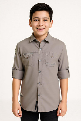 CAVIO Boys Solid, Printed Casual Grey Shirt