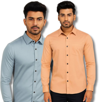 VIMASUTI Men Solid Casual Grey, Orange Shirt(Pack of 2)