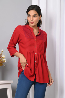 IQRAAR Women Self Design Casual Red Shirt