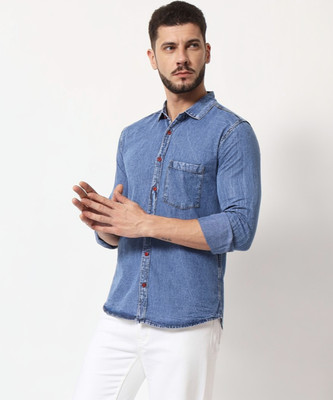 Deniyes Men Washed Casual Blue Shirt