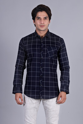 JOE & JOHN Men Checkered Casual Dark Blue Shirt