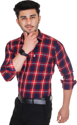 DK FASHION Men Checkered Casual Dark Blue, White, Red Shirt