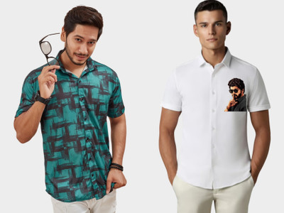 Emporium Men Checkered, Solid Casual Green, White Shirt(Pack of 2)