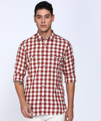 PETER ENGLAND Men Checkered Casual Cream Shirt