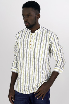 french crown Men Striped Casual White, Grey, Light Green Shirt