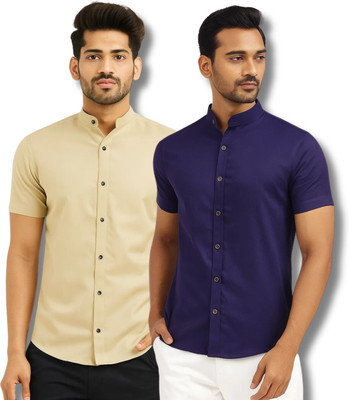 ModeNex Men Solid Casual Beige, Dark Blue Shirt(Pack of 2)
