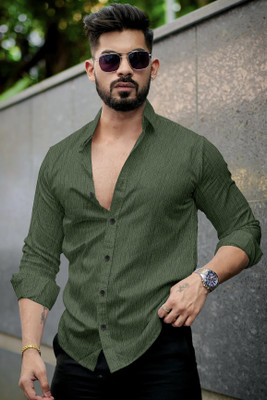 VELLOSTA Men Self Design Casual Dark Green Shirt
