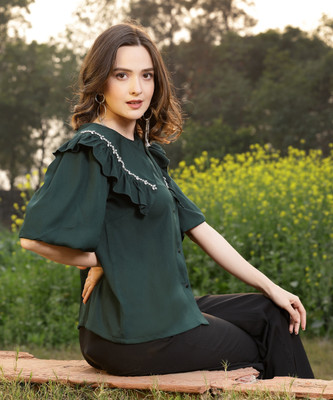 PLUSS Women Self Design Casual Dark Green Shirt