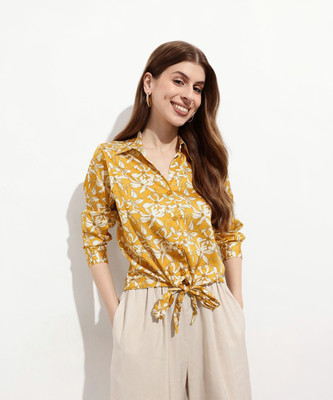 Dressberry Women Printed Casual Yellow Shirt