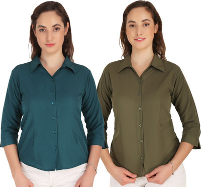 HEAVENS CREATIONS Women Solid Casual Blue, Brown Shirt(Pack of 2)