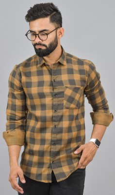 Hems trends Men Checkered Casual Yellow Shirt