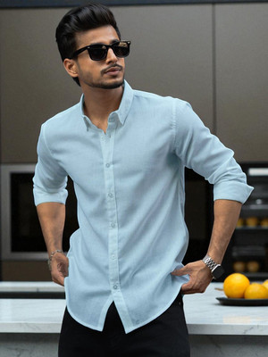 Yanthhi Men Solid Casual Light Blue Shirt