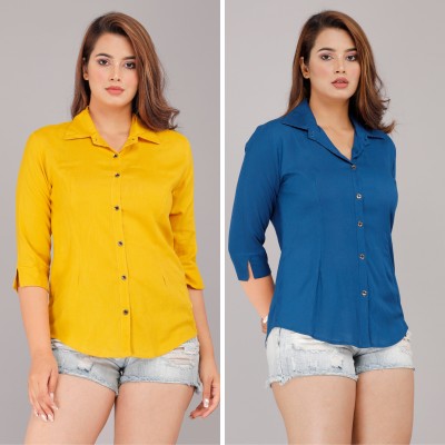 GEHU GARMENTS Women Solid Casual Yellow, Blue Shirt(Pack of 2)