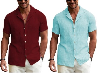 INDICLUB Men Solid Casual Maroon, Light Blue Shirt(Pack of 2)