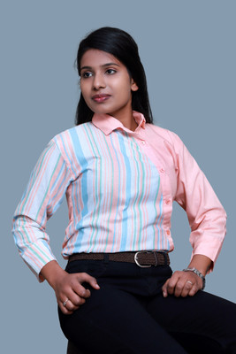 HDKHADICREATION Women Striped Casual Pink Shirt